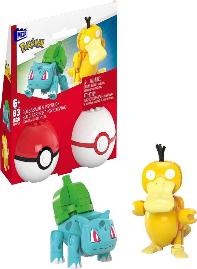 Mega Brands MEGA Pokémon Building Toys Set Bulbasaur & Psyduck with 63 Pieces, 2 Poseable Characters and Poké Ball, 2 Inches Tall, for Kids - Image 1